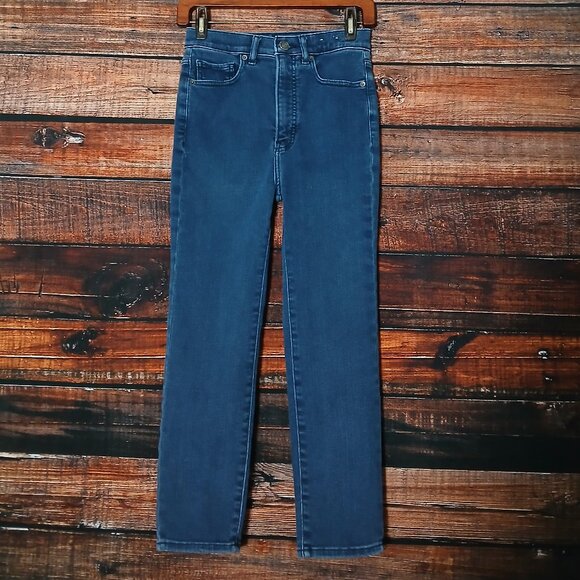 Express Jeans 2 Short Slim Ankle Super High Rise Dark Blue Denim Stretch - Picture 2 of 9